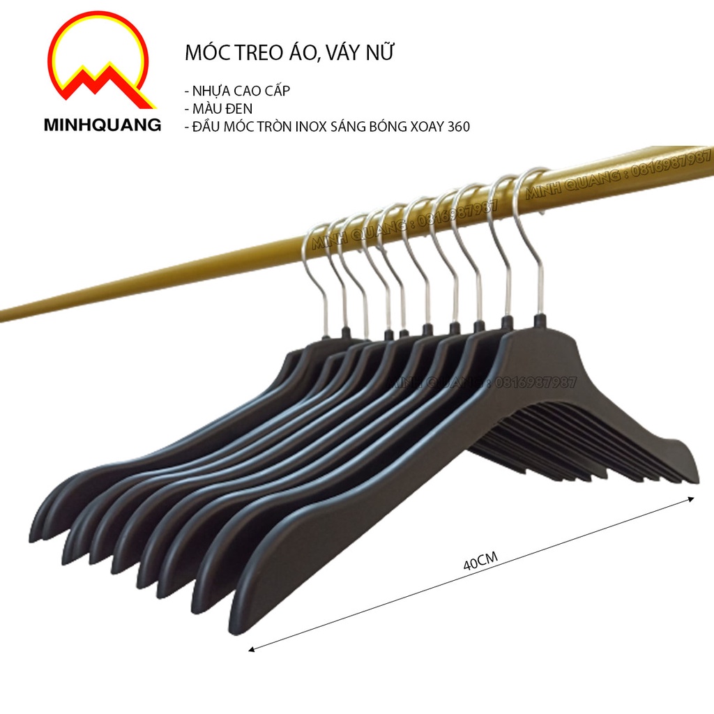 móc quần áo, móc treo áo nữ vai dẹt size 40cm, chất liệu nhựa màu đen sơn bóng dùng cho shop thời trang