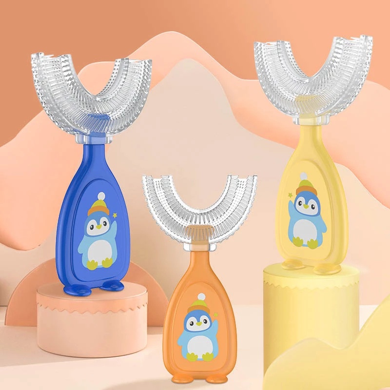 Bàn chải đánh răng hình chim cánh cụt có tay cầm chữ U bằng silicon dành cho trẻ em