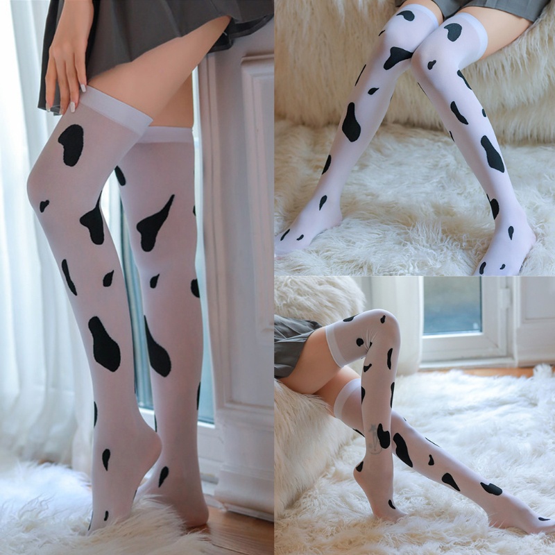 Youyo Vớ Dài Qua Gối Bằng Lụa Bóng Qua Gối In Họa Tiết Bò Sữa Gợi Cảm Hóa Trang Lolita Dành Cho Bạn Nữ