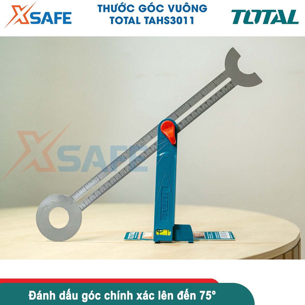 Thước góc vuông TOTAL TAHS3011 chiều dài 300mm, nhựa PC và sợi thủy tinh, có mực nước thủy cân bằng, hệ đo mét và inch
