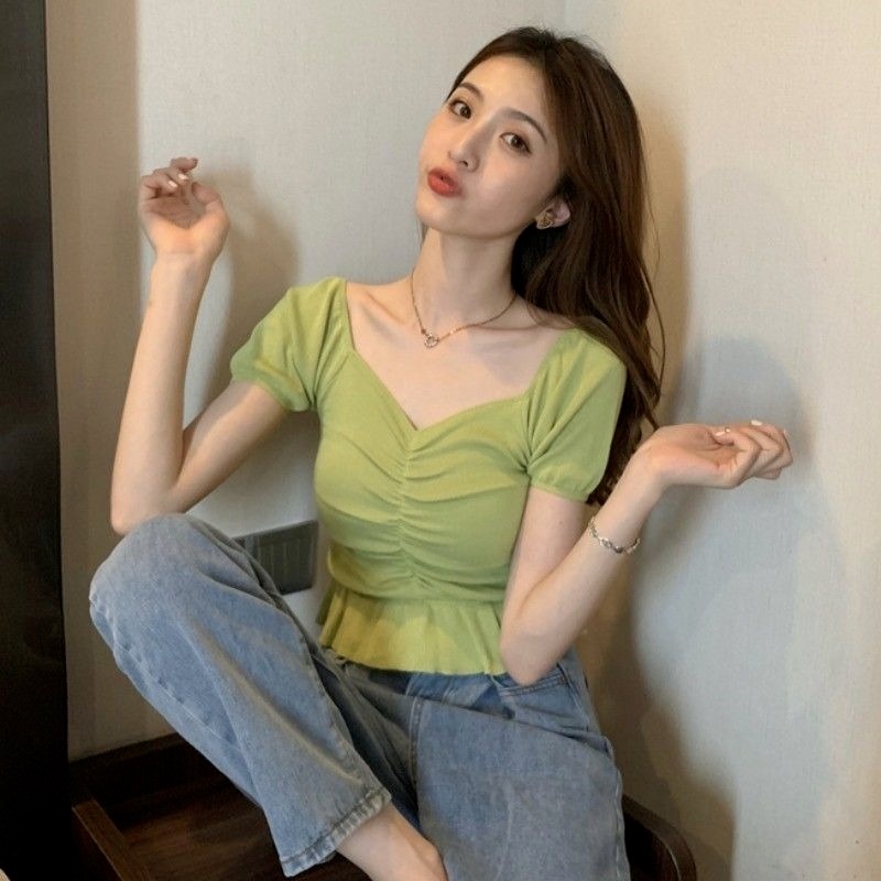 Áo Dệt Kim Ngắn Tay Cổ Vuông Trễ Vai Phong Cách Pháp Cho Nữ