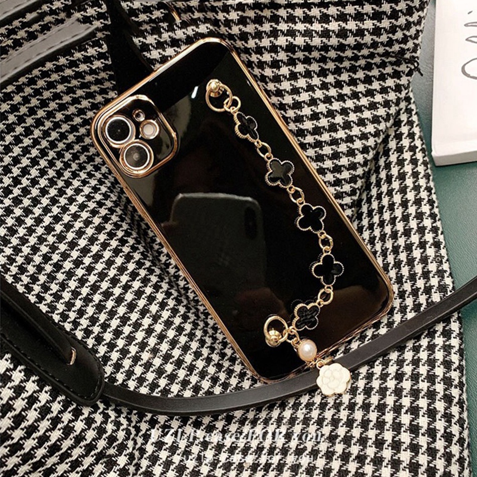 Ốp Điện Thoại Dẻo Họa Tiết Hoa Sang Trọng Kèm Giá Đỡ + Dây Đeo Tay Cho iPhone 11 12 13 Pro MAX 7 8 Plus X XR XS MAX