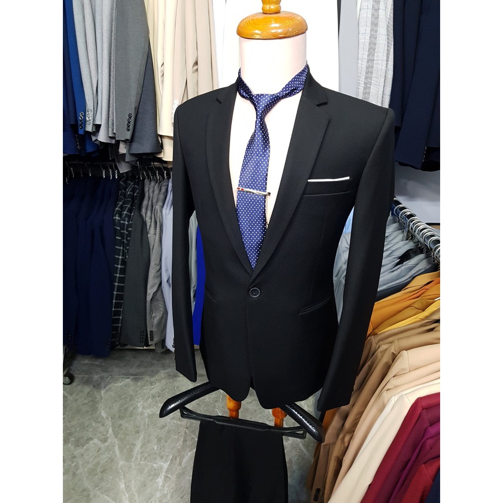 Bộ vest nam ôm body màu đen tuyền chất liệu vải nhập cao cấp dày mịn co giãn + combo phụ kiện