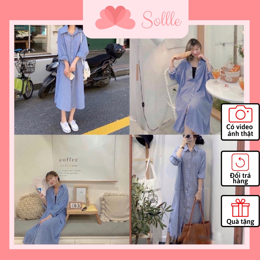 Váy đầm sơ mi kẻ sọc dài tay dáng rộng kèm đai xanh đen free size Hàn Quốc Sollle VSM002