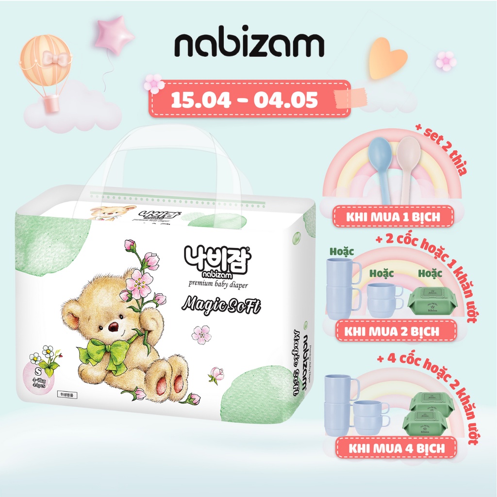 Set 2 Miếng Tã/Bỉm Dán NABIZAM Magic Soft Mỏng Nhẹ, Êm Ái Chống Tràn Size NB50/S44/M40/L36/XL32 Cho Bé Từ 3-15kg