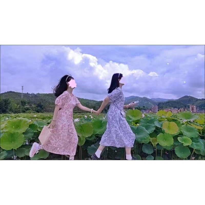 Váy baby doll hoa nhí cổ tròn dáng dài