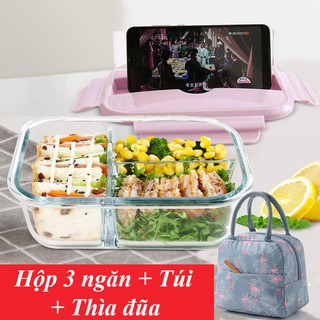 Hộp Cơm Giữ Nhiệt - Hộp Cơm Thủy Tinh Văn Phòng Chia Ngăn Kèm Túi Giữ Nhiệt - Q109