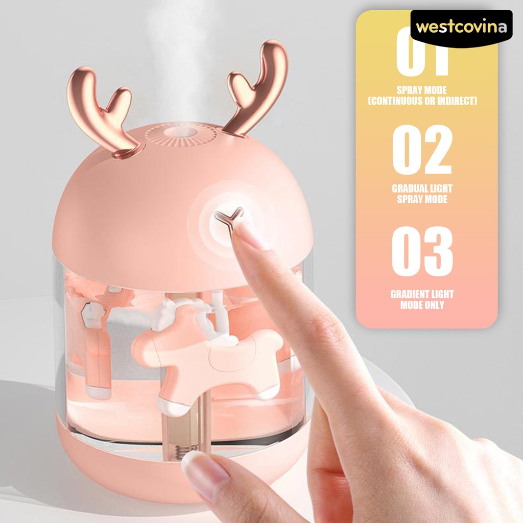 Máy tạo độ ẩm không khí kiểu tai thỏ/ sừng tuần lộc dễ thương kèm đèn LED tiện lợi