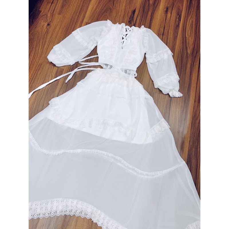 Đầm maxi đi biển trắng phối ren đan lưng