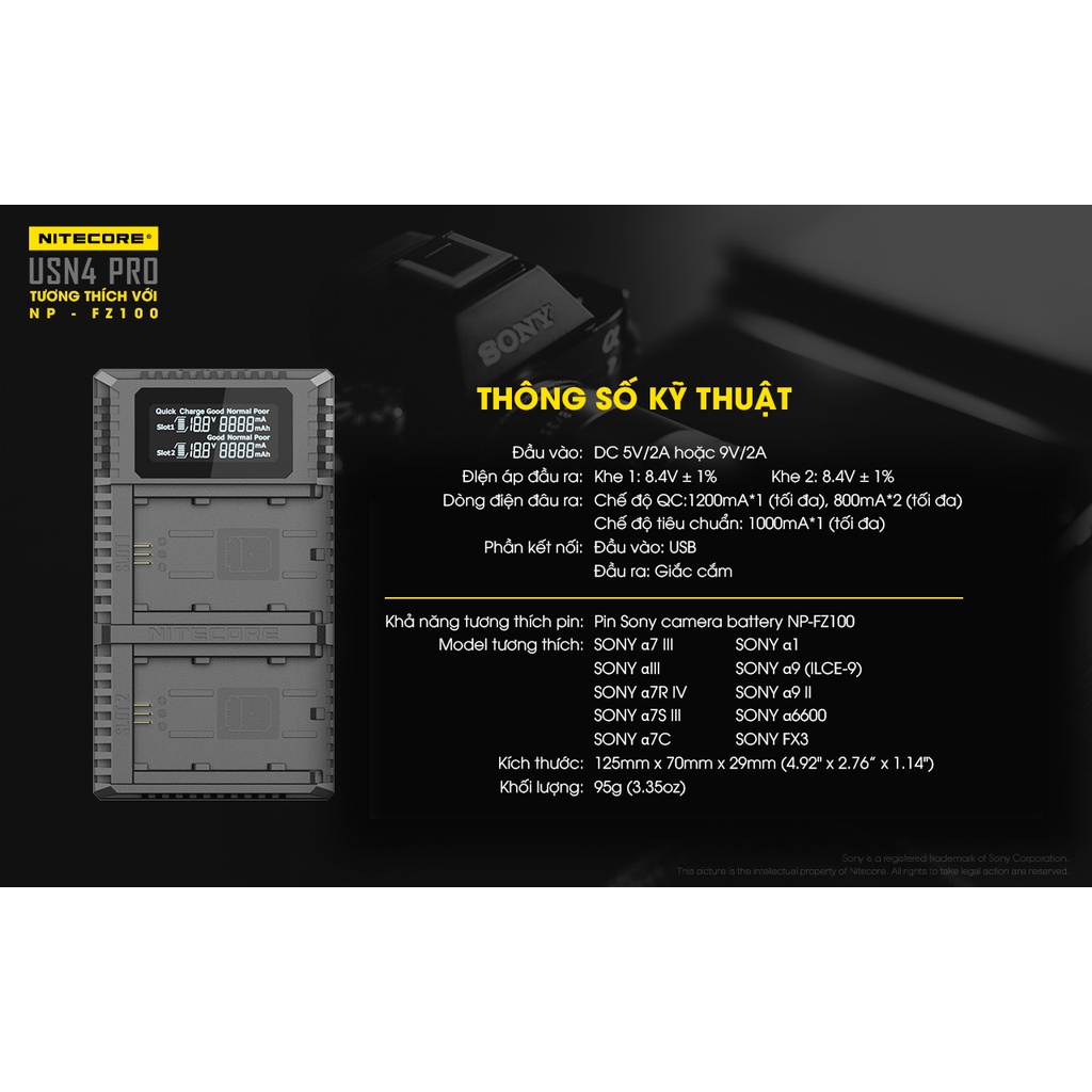 Sạc pin – USN4 Pro – Nitecore – Bộ sạc USB đôi chuyên dụng cho pin Sony NP-FZ100