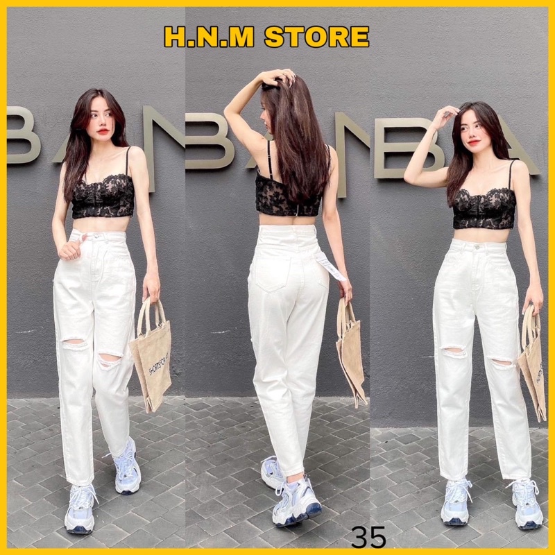 (Kaki - freeship) Quần baggy nữ trắng rách sọc chất kaki jean cao cấp thời trang H.N.M STORE | BigBuy360 - bigbuy360.vn