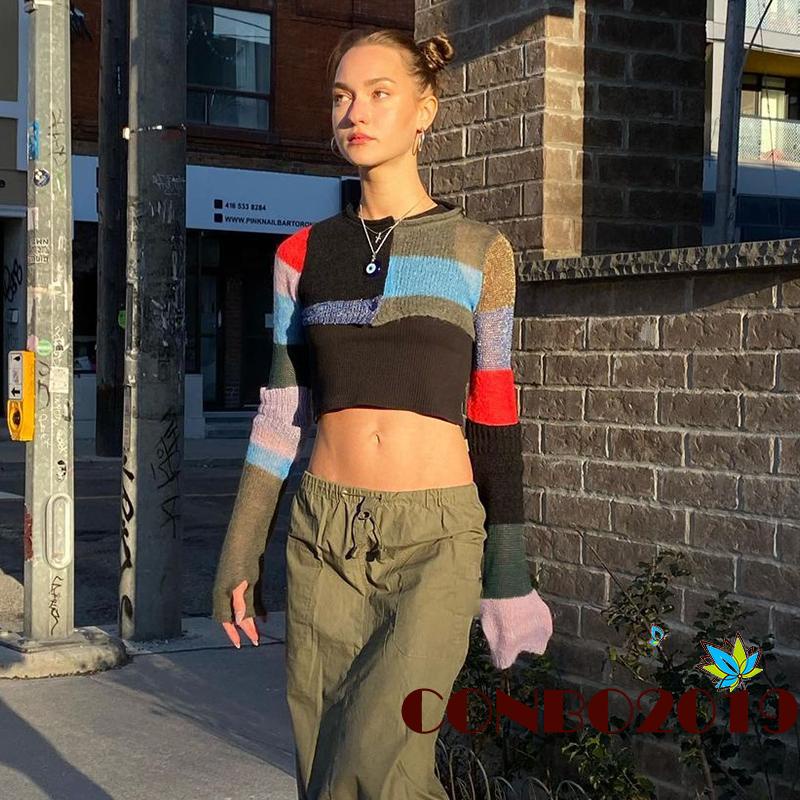 Áo Croptop Tay Dài Cổ Tròn Màu Sắc Tương Phản Thời Trang Cho Nữ