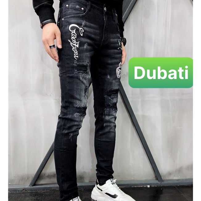 Quần Jeans Nam Chất Bò Đen, Quần Baggy Nam Đen Thêu Hình Mèo Hoa Wash Rách - DB 450- DUBATI FASHION