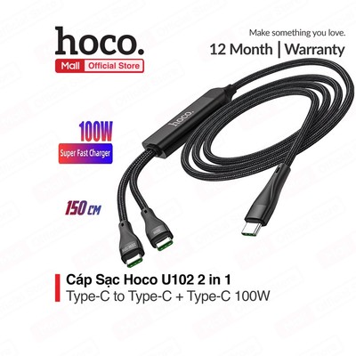 Cáp sạc Hoco U102 2in1 sạc nhanh 100W Type-C to Type-C + Type-C chất nylon bện siêu bền dài 150cm