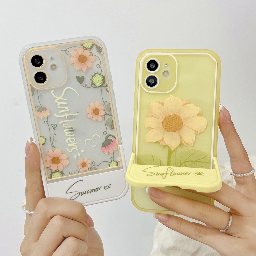 Ốp Điện Thoại Silicone Mềm Trong Suốt Có Giá Đỡ Hình Hoa Dễ Thương Cho iPhone 13 12 11 Pro MAX X XR XS MAX 7 8 Plus