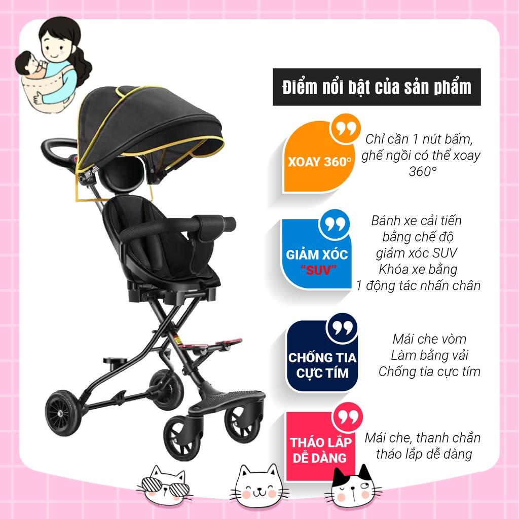 Xe đẩy di lịch ghế xoay 360 độ , xe đẩy du lịch mini gấp gọn có đệm và mái che cho bé