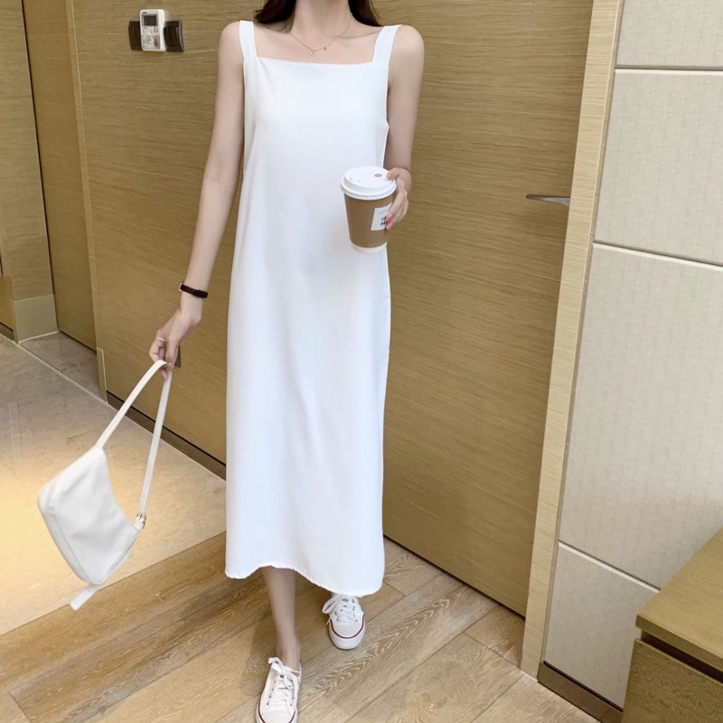 Váy Voan Trơn 165456 Đầm Hai Dây Dài Qua Gối Xẻ Tà Thời Trang Dành Cho Nữ