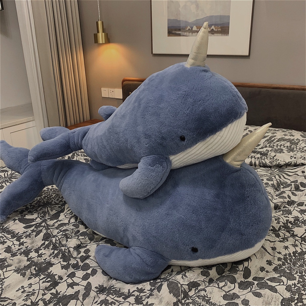 Gấu bông cá voi kì lân lông xù sừng lấp lánh thú nhồi bông cá voi 1 sừng kích thước 60/90/120cm