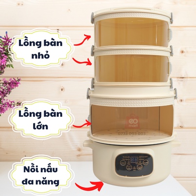 Nồi hấp điện đa năng Eomart  kiêm lồng bàn giữ nhiệt 4 in 1, chiên, lẩu, hấp,luộc, lồng bàn đa năng 4 tầng giữ nhiệt tốt