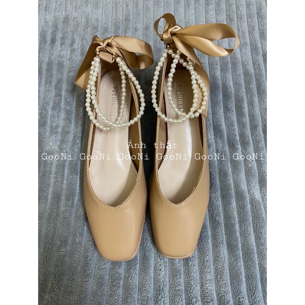 Giày búp bê mũi vuông quai ngọc mix dây thắt nơ phong cách tiểu thư thời trang