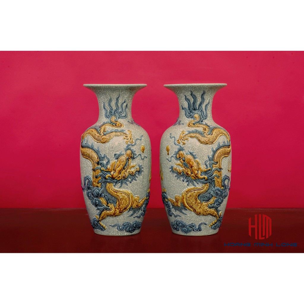 LỌ LỘC BÌNH CÔNG ĐÀO / RỒNG CAO 42CM MEN RẠN ĐẮP NỔI BÁT TRÀNG