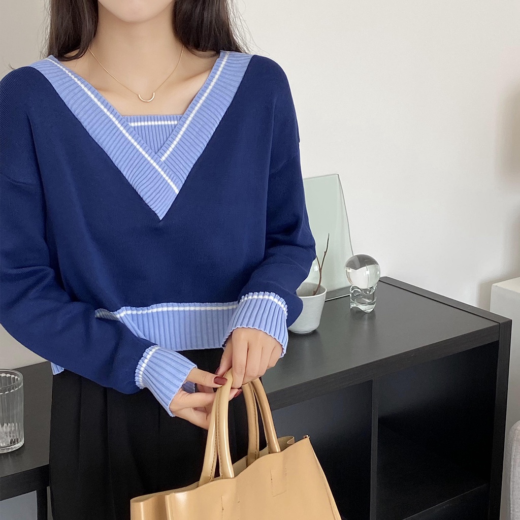 Áo len cổ chữ V form rộng theo phong cách retro Hàn Quốc