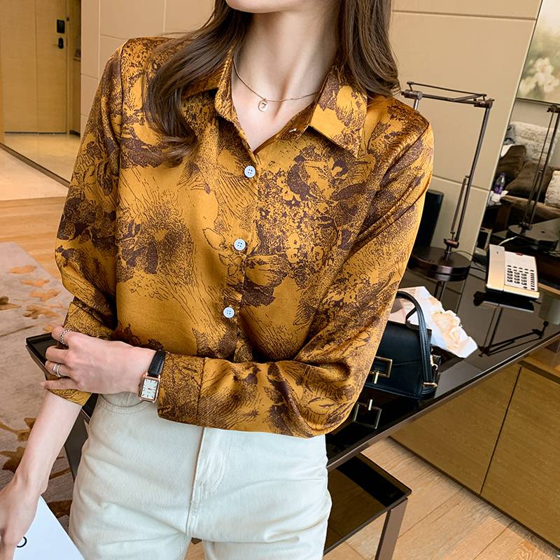 Áo Sơ Mi Vải Lụa Satin Lụa Satin Tay Dài In Họa Tiết Mực In Mới Mùa Xuân Năm 2021 Thời Trang Cho Nữ