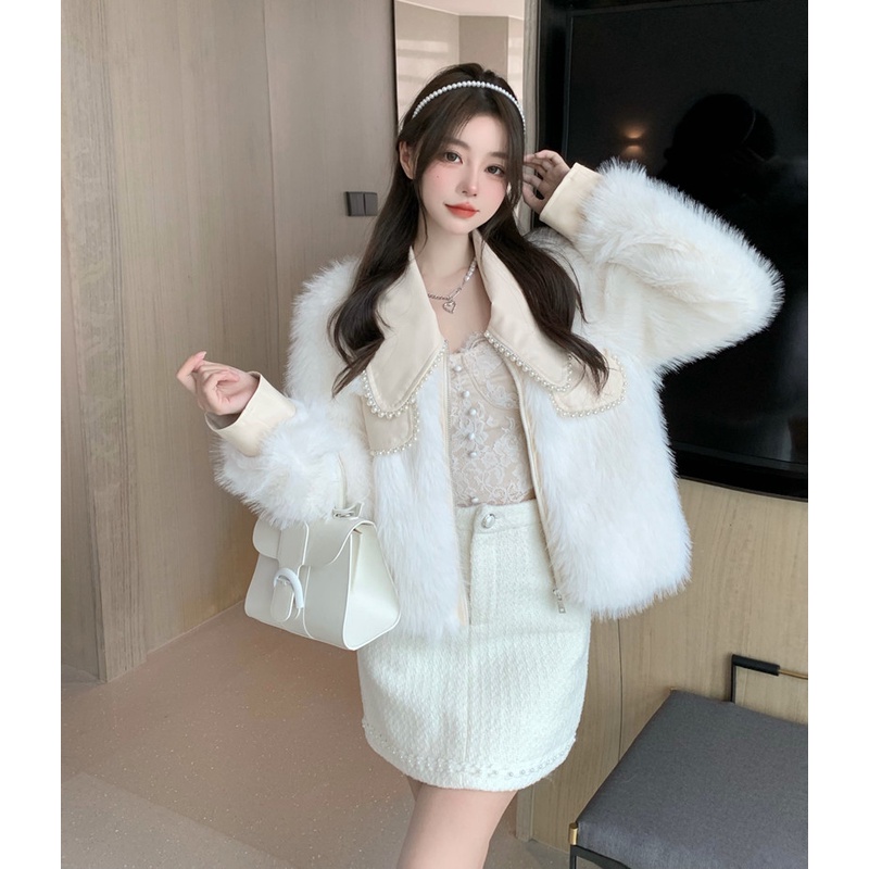 𝐎𝐑𝐃𝐄𝐑. Áo Khoác Lông Cổ Da Đính Ngọc Kiểu Dáng Babie