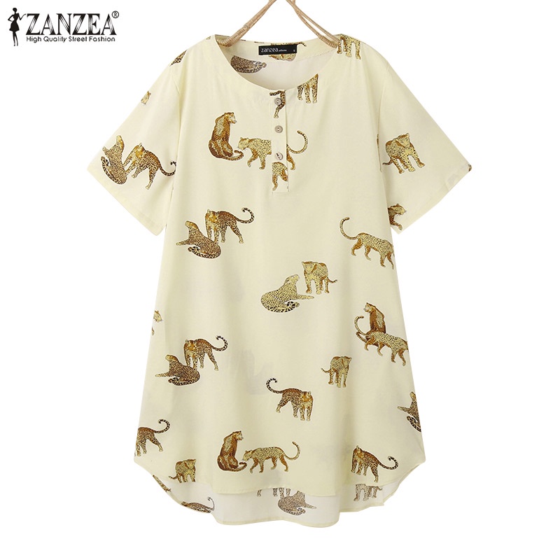 ZANZEA Đầm Tay Ngắn Cổ Tròn Cài Nút Trước Họa Tiết Động Vật Thời Trang Cho Nữ