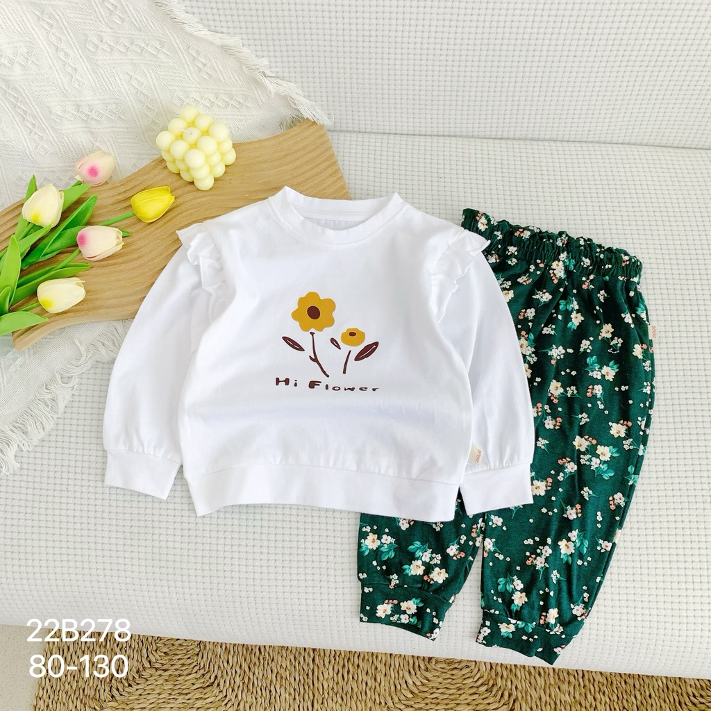 Bộ bé gái dài tay quần hoa xinh xắn, bộ thun tay dài cho bé Bernie