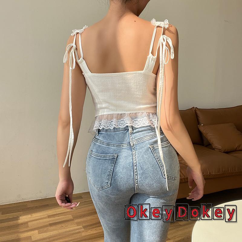 Áo Crop Top Cổ Chữ V Viền Ren Màu Trắng Dễ Thương Thời Trang Hàn Quốc Cho Nữ OKDK-y2k