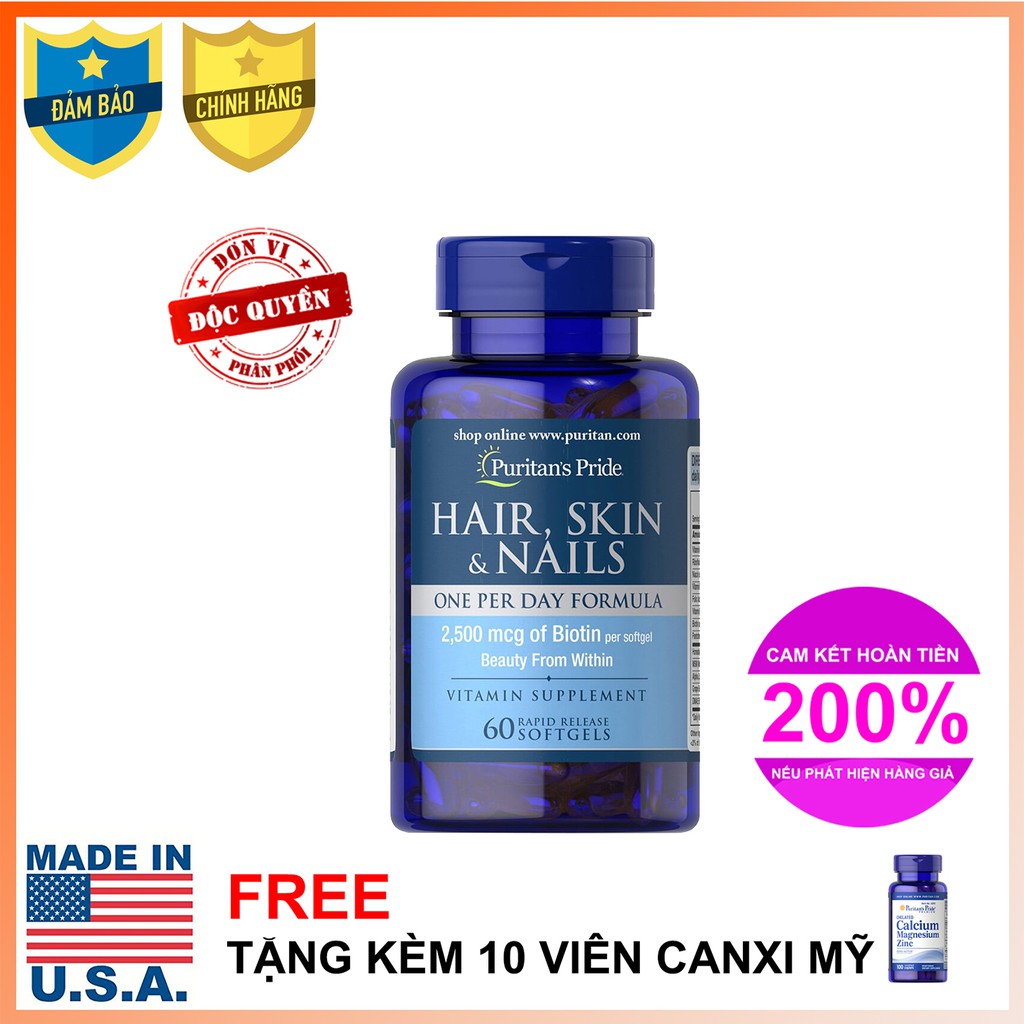 Giảm mụn trứng cá, giảm nhờn cho da dầu và mụn, giúp mọc tóc, đẹp da Puritan's Pride Hair, Skin & Nails 60 viên