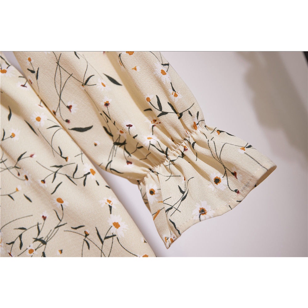 Đầm Chiffon Xếp Ly Lưng Thun Tay Dài Thắt Nơ In Họa Tiết Hoa Mẫu Mới 2022