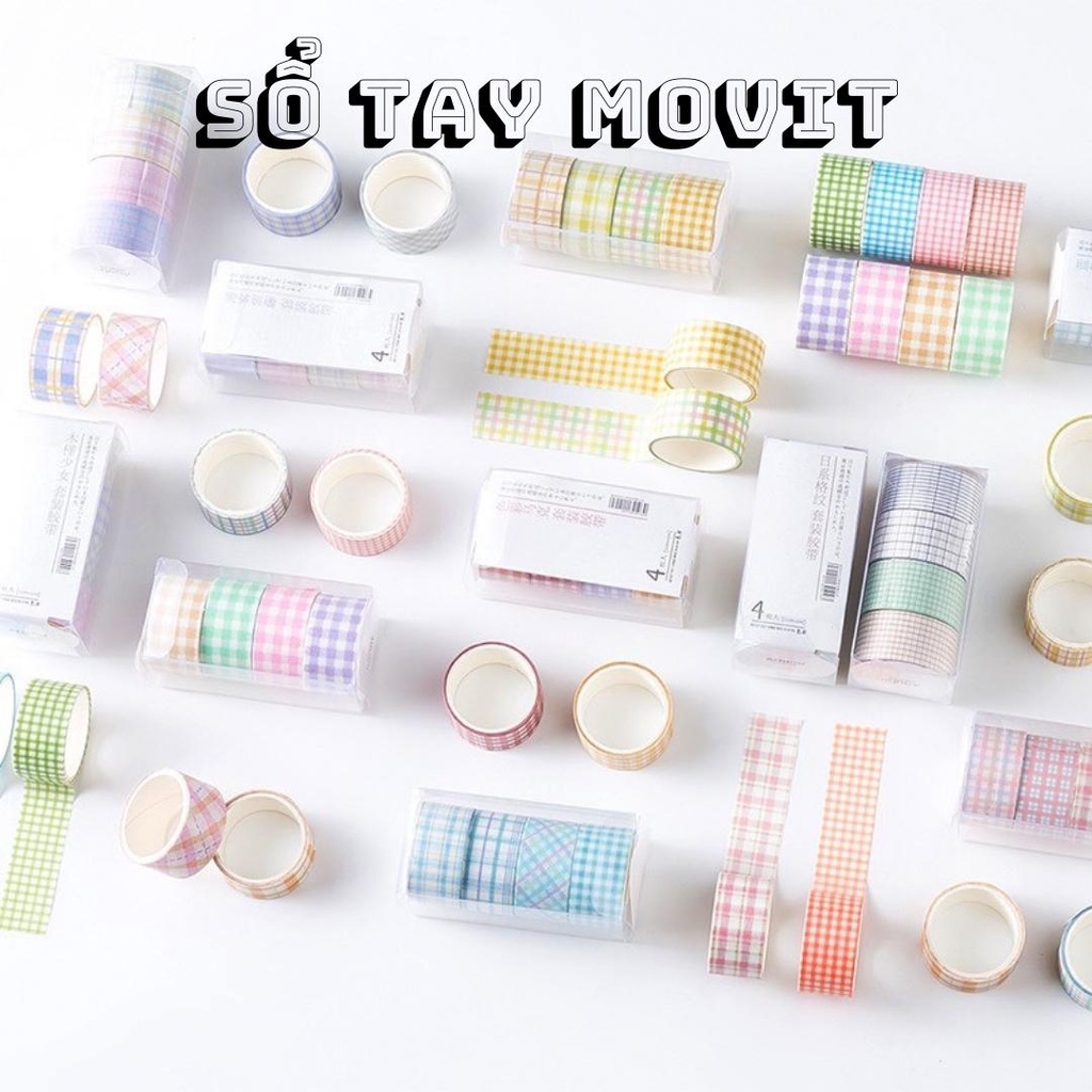 Set 4 cuộn băng keo washi tape hình caro trang trí sổ