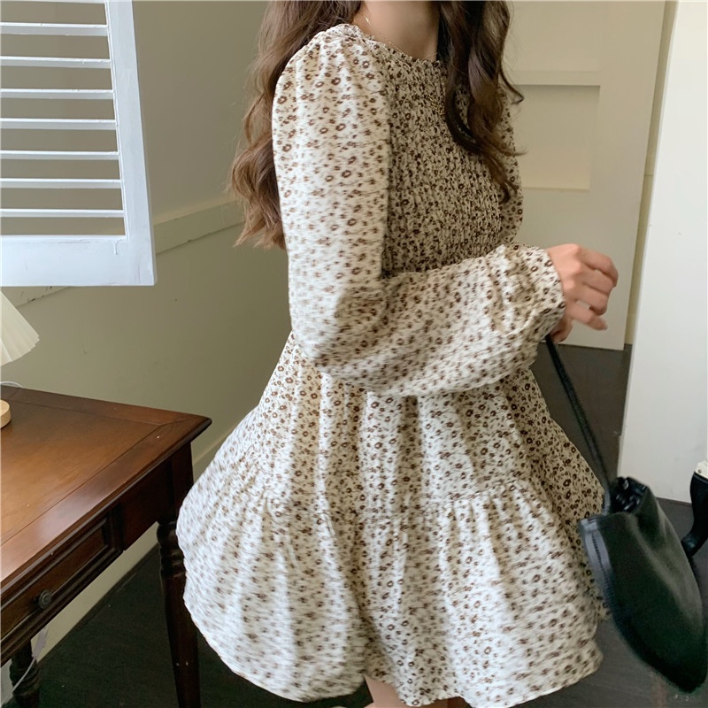 Đầm mini tay dài dáng rộng in họa tiết hoa phong cách Hàn Quốc thời trang sang trọng cho nữ Xiaozhainv