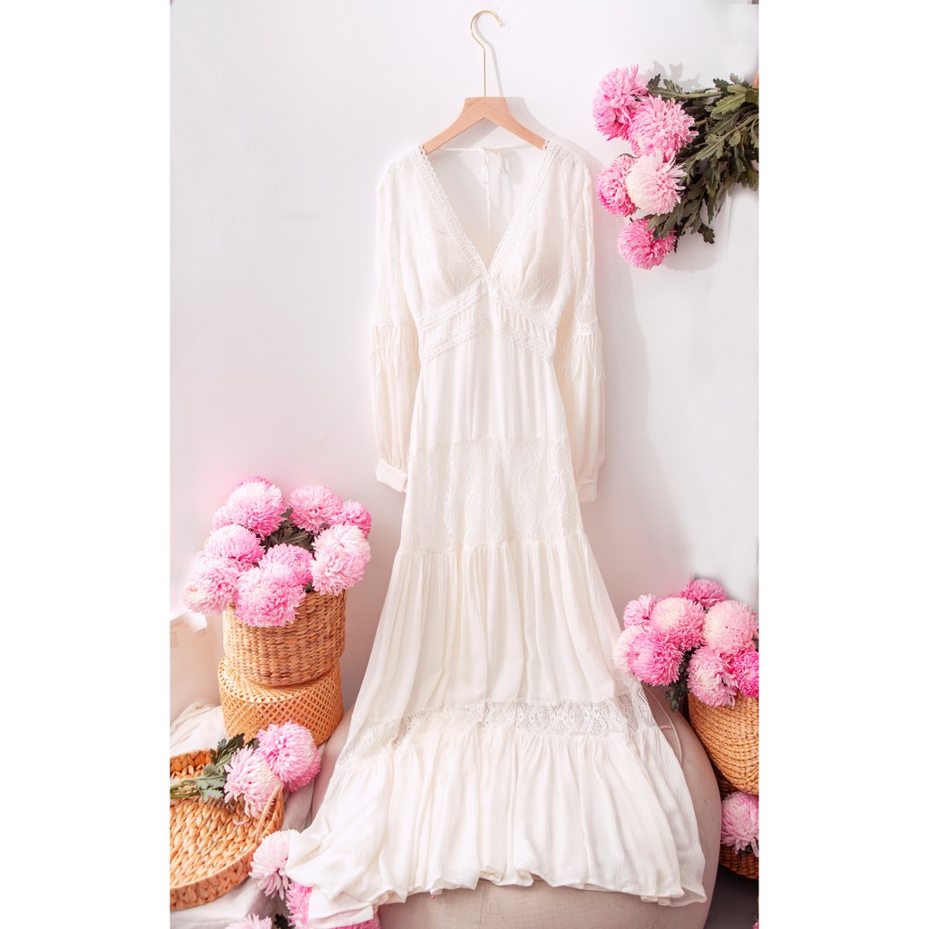 SÒ VINTAGE - ZANE Đầm maxi xô cổ V tay dài phối ren | BigBuy360 - bigbuy360.vn