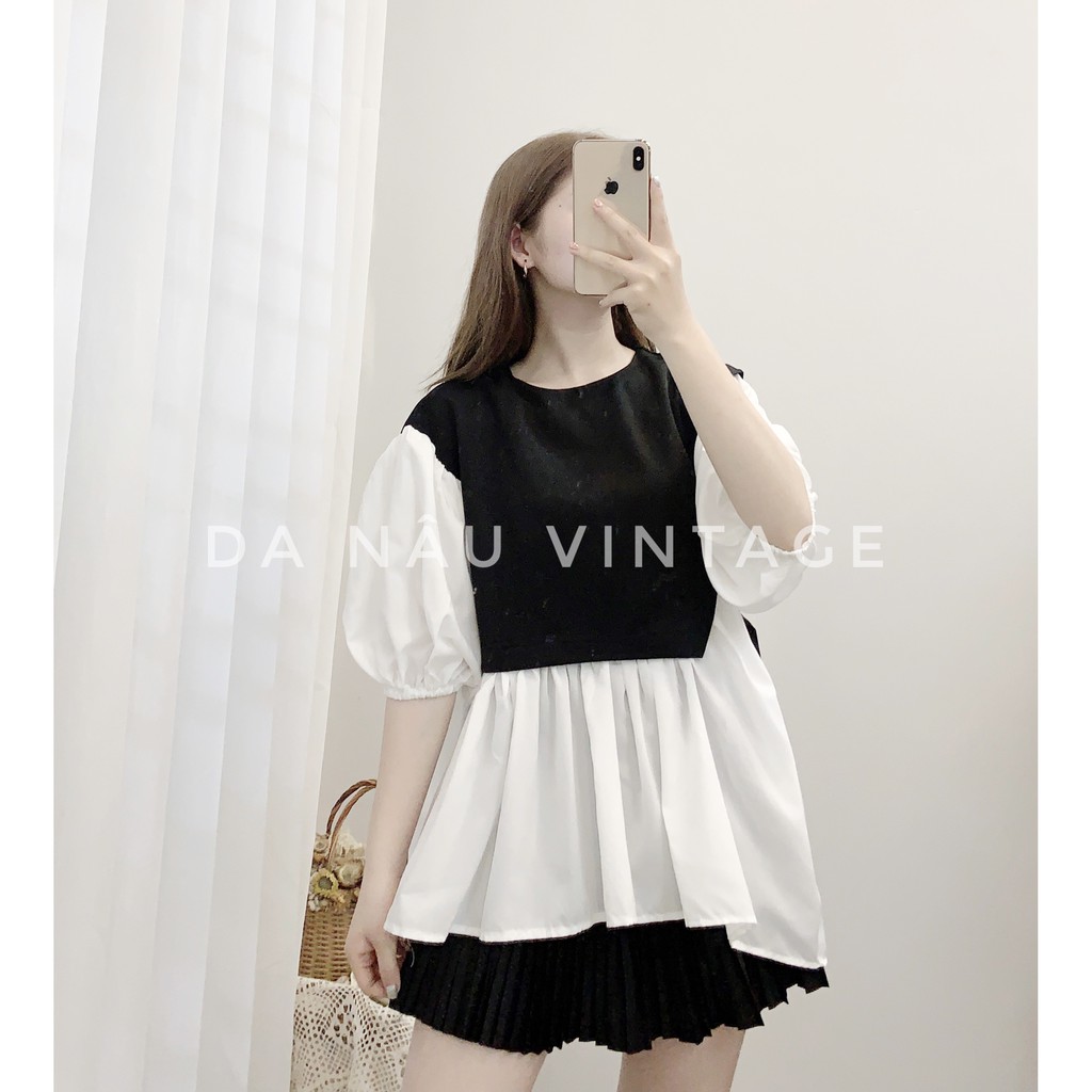Áo kiểu nữ dáng Babydoll tay phồng tiểu thư phối đen trắng thắt dây eo – Da Nâu Vintage