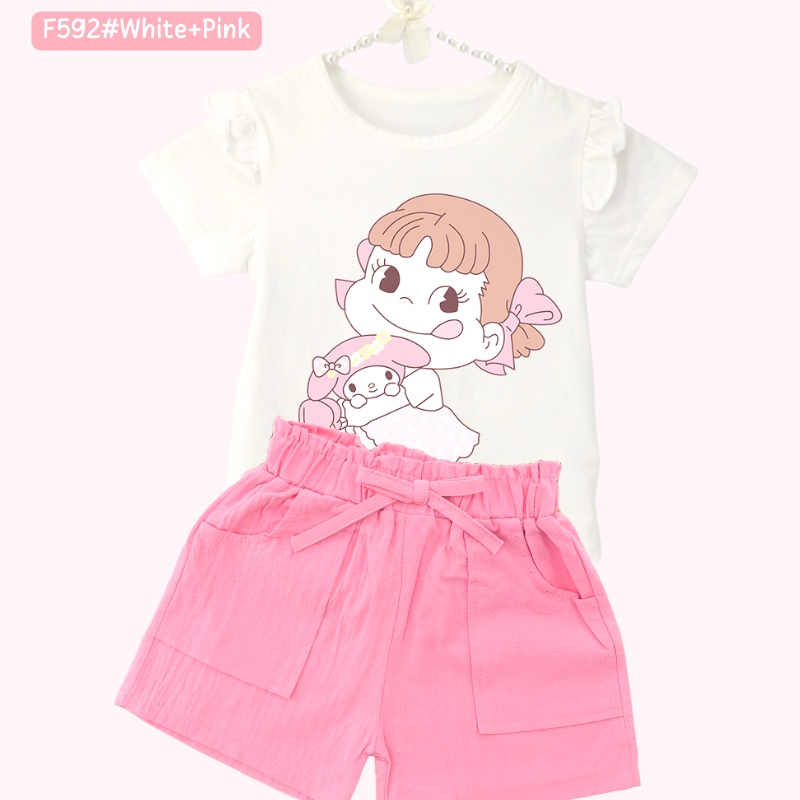 Bộ Áo Thun 100% Cotton In Họa Tiết Công Chúa Hoạt Hình Kèm Quần Short Màu Kẹo Cho Bé Gái