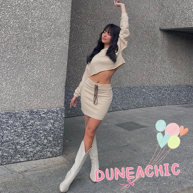 DUNEA Bộ Áo Sweater Dài Tay Dáng Rộng + Chân Váy Ôm 2 Mảnh Xinh Xắn Dành Cho Nữ