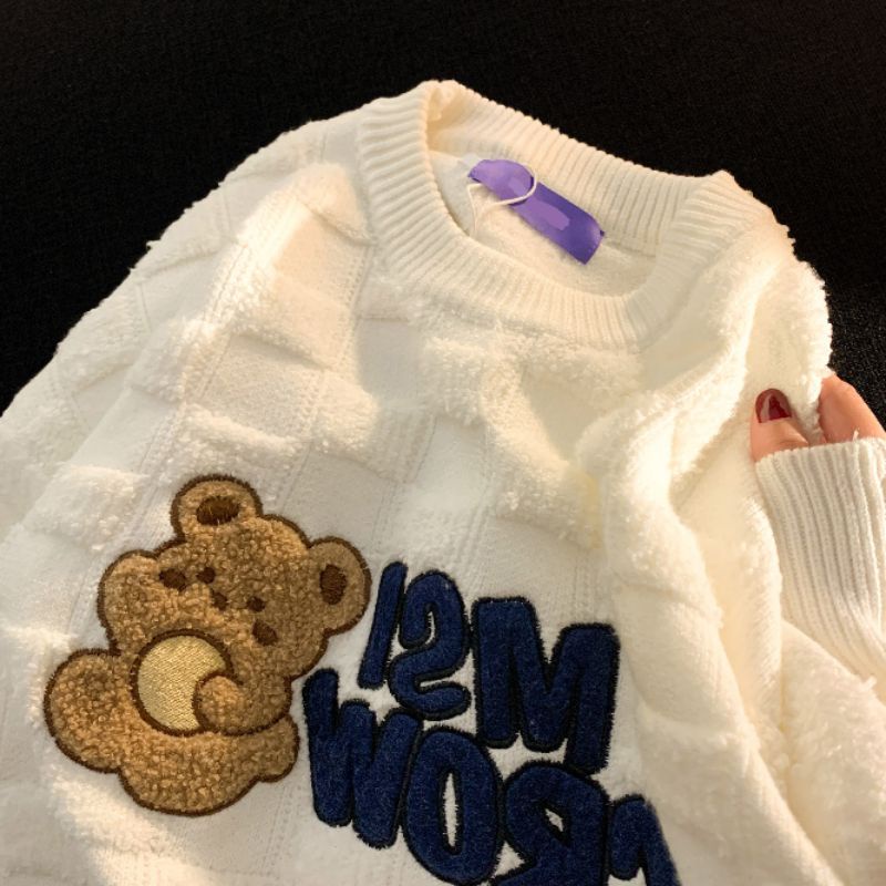 Áo hoodie len mỏng mềm mịn hoạ tiết gấu cute xinh xắn