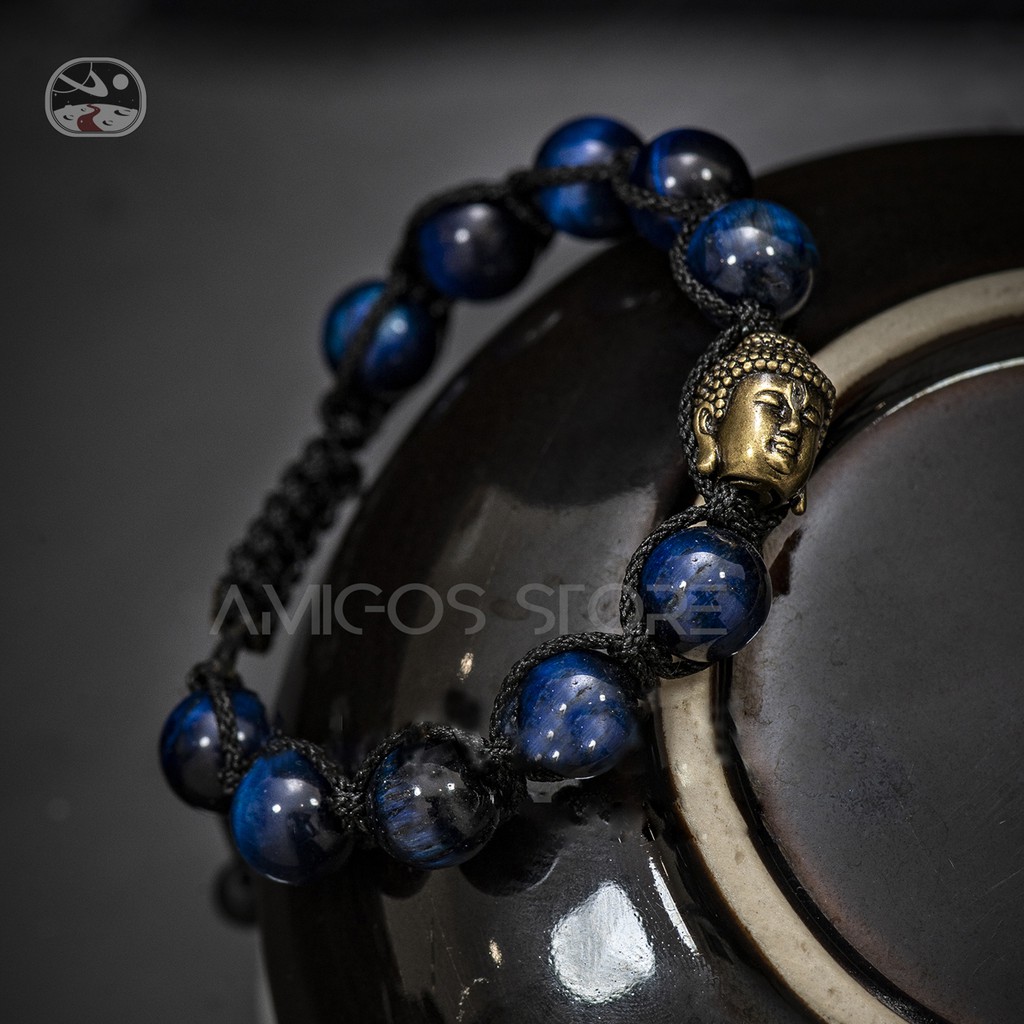 Vòng tay phong thủy handmade đá mắt hổ xanh + charm Phật Thích Ca