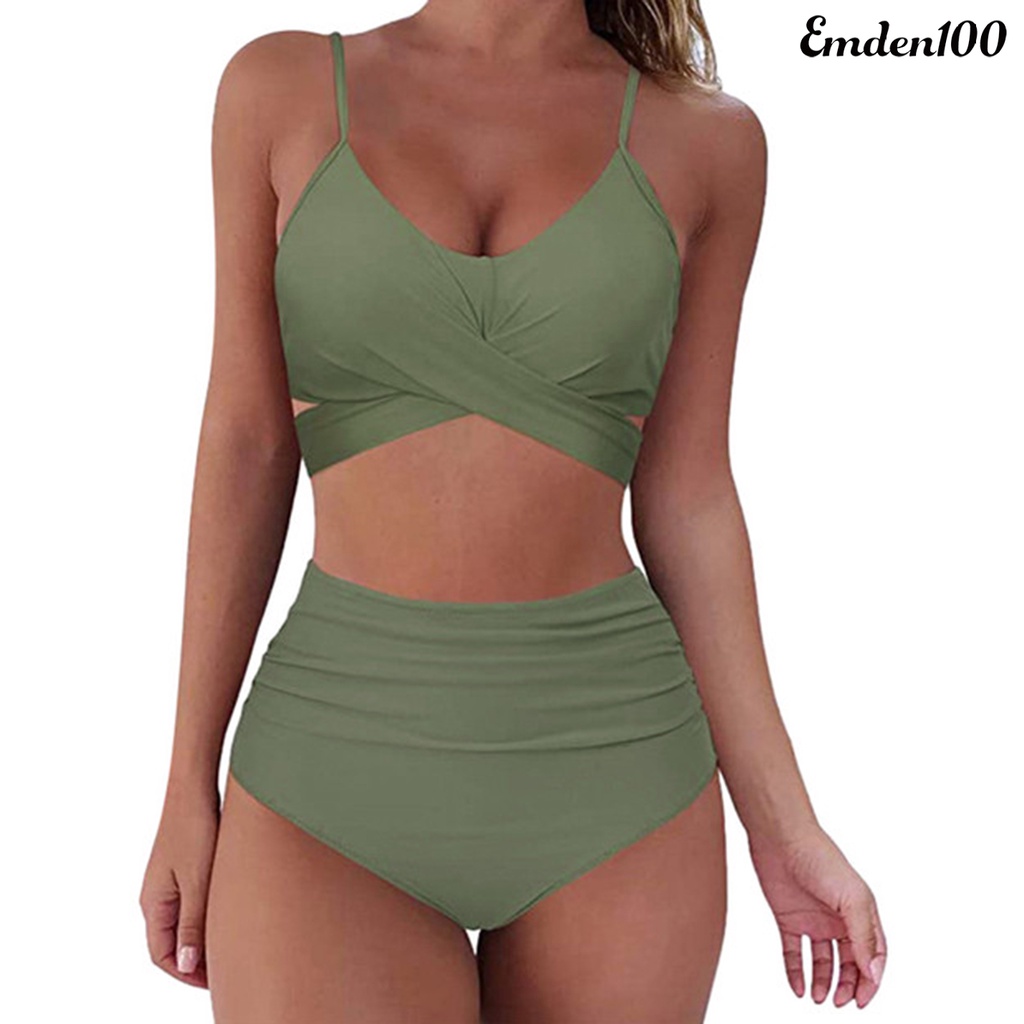 Bộ Đồ Bơi Hai Mảnh Màu Sắc Trơn Lưng Cao Phối Dây Gợi Cảm Cho Nữ