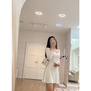 (morningdudu) Đầm Thun Cổ Vuông Tay Dài