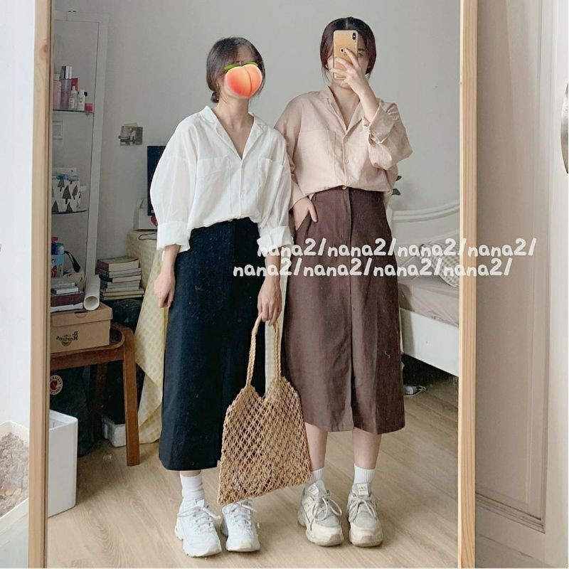 Chân váy midi kaki dáng dài vạt xẻ