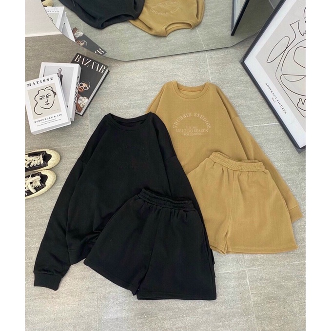 Set Bộ Áo Nỉ Dài Tay Thêu Chữ Phối Short 2 Màu Đen Nâu Chuẩn Ảnh ( Sẵn)