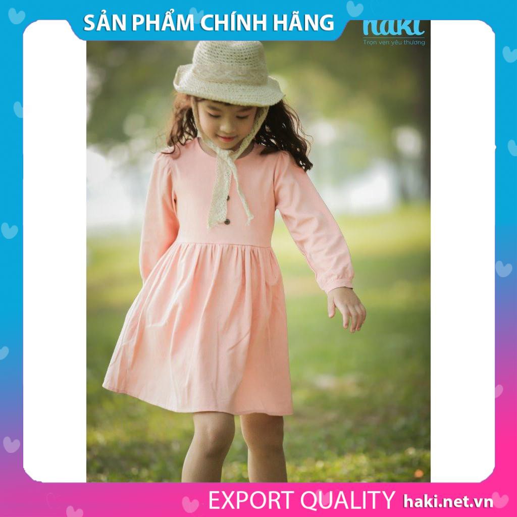 Váy bé gái dài tay Haki vải Linen cao cấp Hồng HK493
