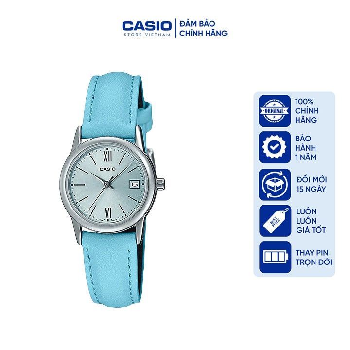 Đồng hồ Nữ Casio LTP-V002L-2B3, đồng hồ chính hãng, dây da xanh mặt trắng la mã