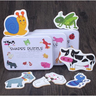 7 Mẫu ghép hình puzzle 2 mảnh hộp sắt / Đồ chơi thông minh cho bé từ 18 tháng