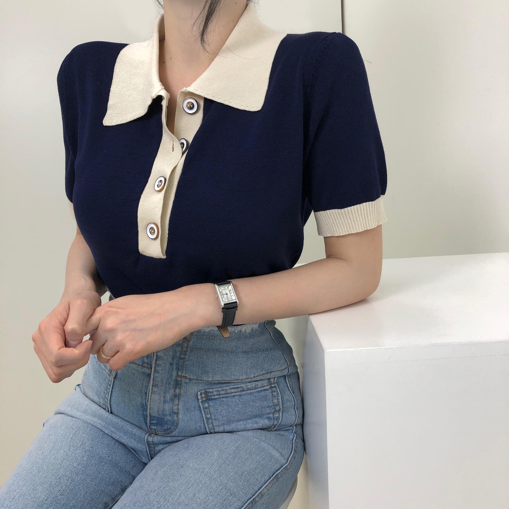 Áo thun nữ Ngắn tay Cổ bẻ POLO Phối cúc Ulzzang Hàn Quốc Áo Phông thun nữ Tay ngắn Có cổ Retro Thời trang | BigBuy360 - bigbuy360.vn