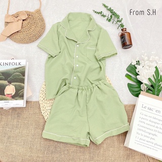 Set bộ ngủ Pyjama cộc tay trơn đũi xốp Hàn màu pastel - Lumii